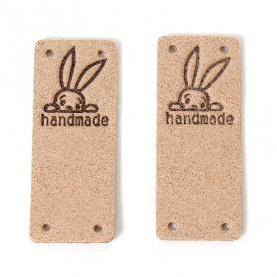 Picture of 10 PCs PU Easter Day Label Tag For Clothing Rectangle Korea Pink Rabbit Pattern " Hand Made " 5cm x 2cm