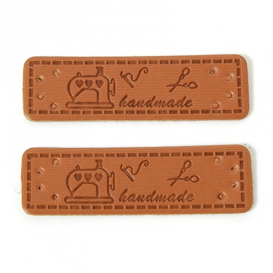 Immagine di 50 Pz PU Etichetta Etichetta per Abbigliamento Rettangolo Marrone Macchina da Cucire Forma " Hand Made " 5cm x 1.5cm