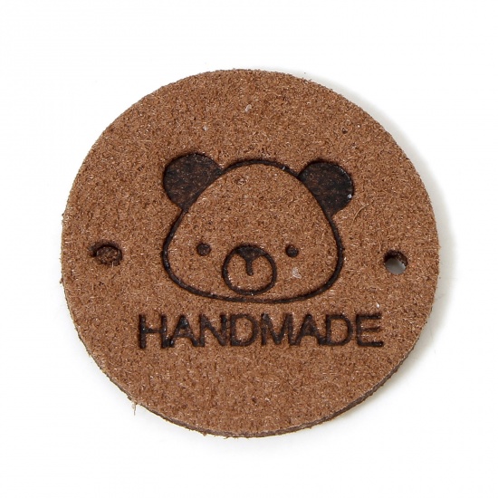 Immagine di 20 Pz TPU Etichetta Etichetta per Abbigliamento Tondo Colore del Caffè Orso Forma " Hand Made " 25mm