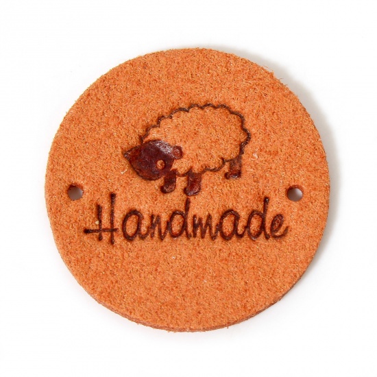 Immagine di 20 Pz PU Etichetta Etichetta per Abbigliamento Tondo Arancione Pecora Forma " Hand Made " 25mm