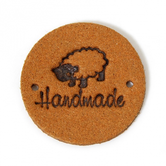Immagine di 20 Pz PU Etichetta Etichetta per Abbigliamento Tondo Marrone Pecora Forma " Hand Made " 25mm