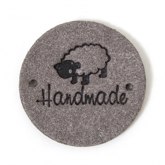 Immagine di 20 Pz PU Etichetta Etichetta per Abbigliamento Tondo Grigio Pecora Forma " Hand Made " 25mm