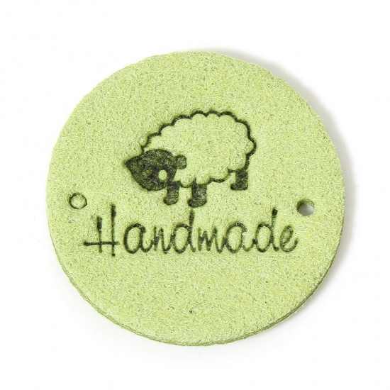 Immagine di 20 Pz PU Etichetta Etichetta per Abbigliamento Tondo Verde Chiaro Pecora Forma " Hand Made " 25mm