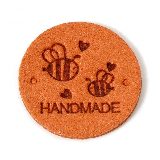 Immagine di 20 Pz PU Etichetta Etichetta per Abbigliamento Tondo Arancione Ape Forma " Hand Made " 25mm