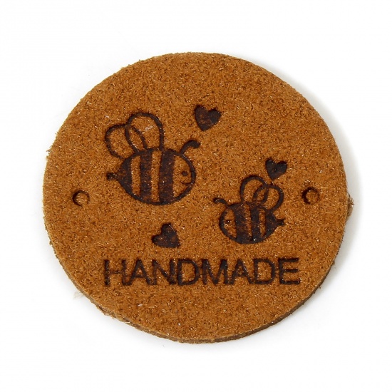 Immagine di 20 Pz PU Etichetta Etichetta per Abbigliamento Tondo Marrone Ape Forma " Hand Made " 25mm