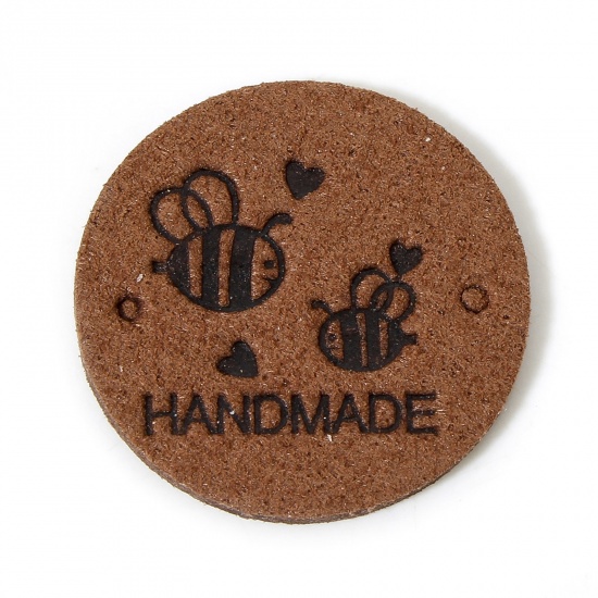Immagine di 20 Pz PU Etichetta Etichetta per Abbigliamento Tondo Colore del Caffè Ape Forma " Hand Made " 25mm