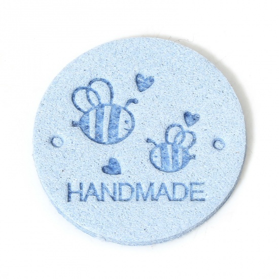 Immagine di 20 Pz PU Etichetta Etichetta per Abbigliamento Tondo Blu Chiaro Ape Forma " Hand Made " 25mm