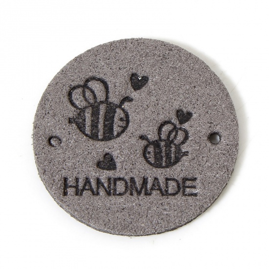 Immagine di 20 Pz PU Etichetta Etichetta per Abbigliamento Tondo Grigio Ape Forma " Hand Made " 25mm