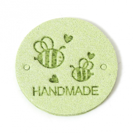 Immagine di 20 Pz PU Etichetta Etichetta per Abbigliamento Tondo Verde Chiaro Ape Forma " Hand Made " 25mm