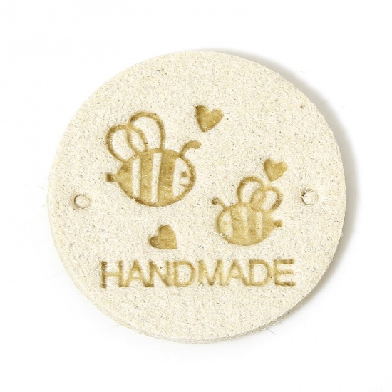 Immagine di 20 Pz PU Etichetta Etichetta per Abbigliamento Tondo Bianco Sporco Ape Forma " Hand Made " 25mm