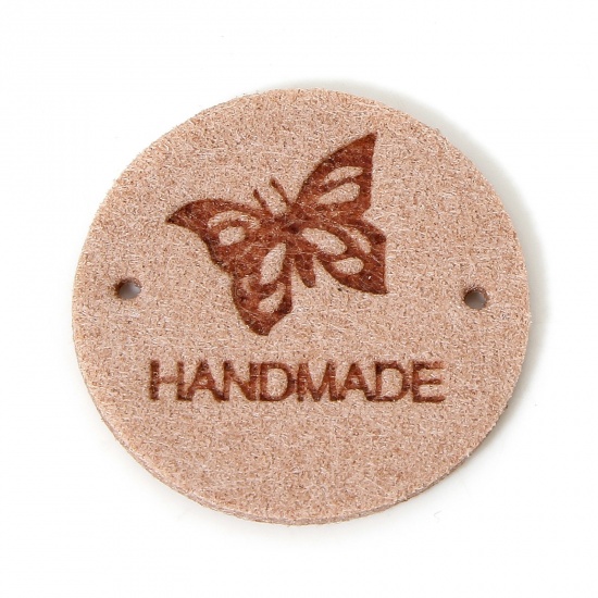 Picture of 20 PCs PU Label Tag For Clothing Round Peachy Beige Butterfly Pattern " Hand Made " 25mm