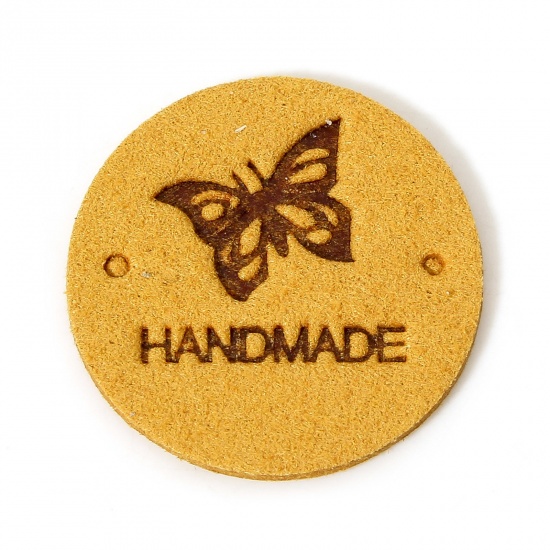 Immagine di 20 Pz PU Etichetta Etichetta per Abbigliamento Tondo Giallo Farfalla Forma " Hand Made " 25mm