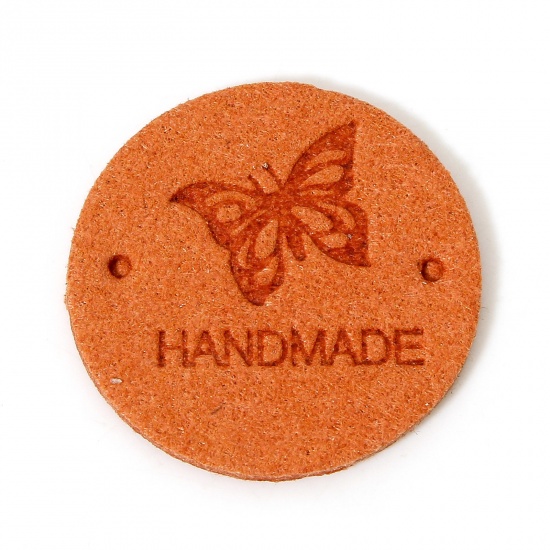 Immagine di 20 Pz PU Etichetta Etichetta per Abbigliamento Tondo Arancione Farfalla Forma " Hand Made " 25mm