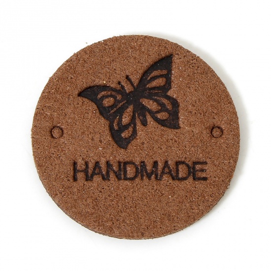 Immagine di 20 Pz PU Etichetta Etichetta per Abbigliamento Tondo Colore del Caffè Farfalla Forma " Hand Made " 25mm