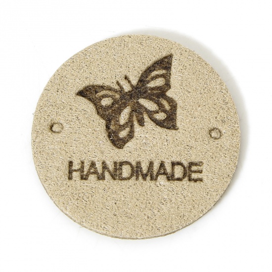 Immagine di 20 Pz PU Etichetta Etichetta per Abbigliamento Tondo Cachi Farfalla Forma " Hand Made " 25mm