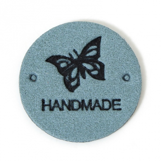 Immagine di 20 Pz PU Etichetta Etichetta per Abbigliamento Tondo Verde Blu Farfalla Forma " Hand Made " 25mm