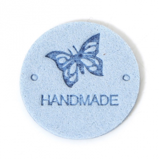 Immagine di 20 Pz PU Etichetta Etichetta per Abbigliamento Tondo Blu Chiaro Farfalla Forma " Hand Made " 25mm