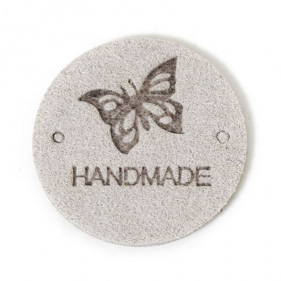 Immagine di 20 Pz PU Etichetta Etichetta per Abbigliamento Tondo Grigio Scuro Farfalla Forma " Hand Made " 25mm