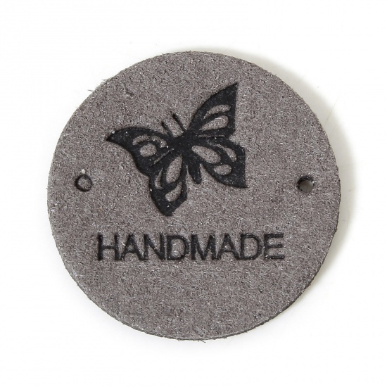 Immagine di 20 Pz PU Etichetta Etichetta per Abbigliamento Tondo Grigio Farfalla Forma " Hand Made " 25mm