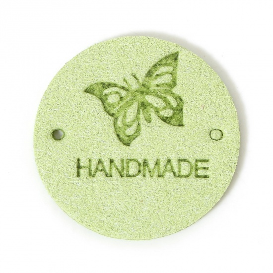 Immagine di 20 Pz PU Etichetta Etichetta per Abbigliamento Tondo Verde Chiaro Farfalla Forma " Hand Made " 25mm