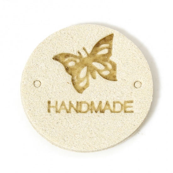 Immagine di 20 Pz PU Etichetta Etichetta per Abbigliamento Tondo Bianco Sporco Farfalla Forma " Hand Made " 25mm