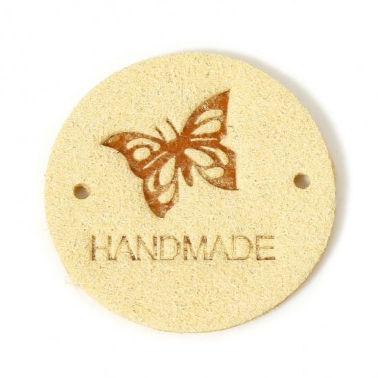 Immagine di 20 Pz PU Etichetta Etichetta per Abbigliamento Tondo Giallo Chiaro Farfalla Forma " Hand Made " 25mm