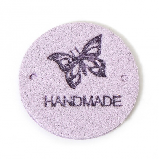 Immagine di 20 Pz PU Etichetta Etichetta per Abbigliamento Tondo Viola Chiaro Farfalla Forma " Hand Made " 25mm