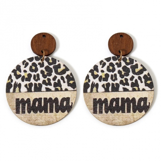 Picture of 5 PCs Wood Mother's Day Pendants Beige Round Leopard Print Message " Mama " Double Sided 5.6cm x 4cm