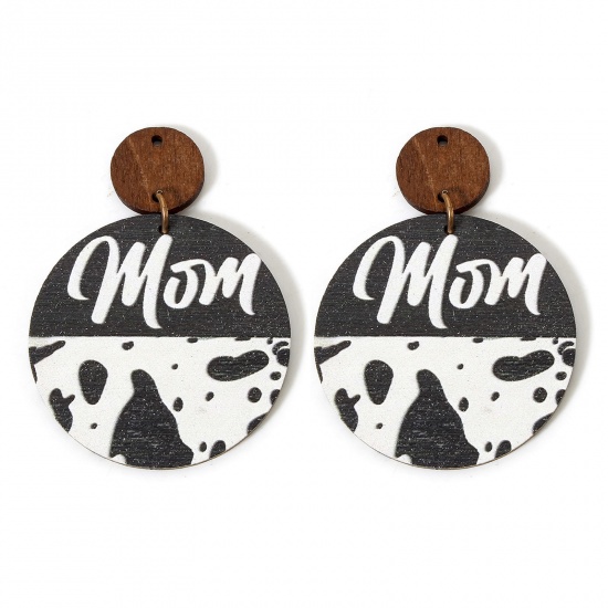 Picture of 5 PCs Wood Mother's Day Pendants White Round Cow Print Message " Mom " Double Sided 5.6cm x 4cm