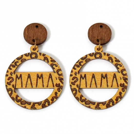 Picture of 5 PCs Wood Mother's Day Pendants Yellow Round Leopard Print Message " Mama " Double Sided 5.6cm x 4cm