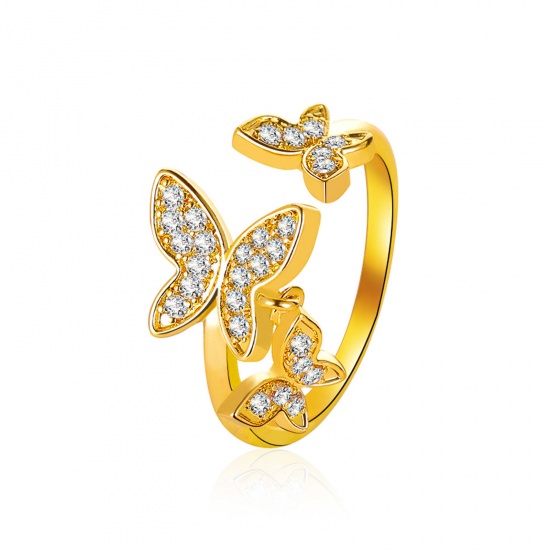 Picture of 1 Piece Brass Stylish Open Adjustable Rings Butterfly Animal KC Gold Plated Micro Pave Clear Rhinestone 20mm(US Size 10.25)                                                                                                                                   