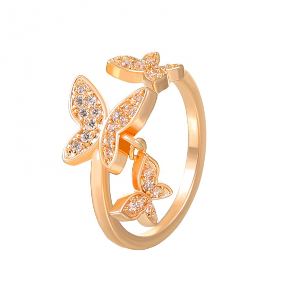 Picture of 1 Piece Brass Stylish Open Adjustable Rings Butterfly Animal Rose Gold Micro Pave Clear Rhinestone 20mm(US Size 10.25)                                                                                                                                        