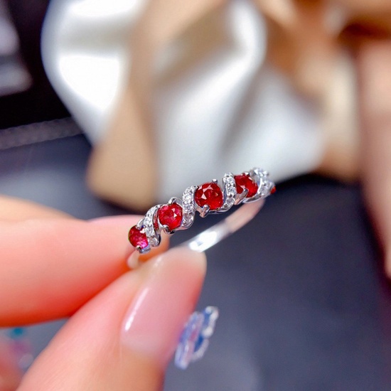 Picture of 1 Piece Brass Exquisite Open Adjustable Rings Twist Spiral Platinum Plated Red Imitation Gemstones Clear Rhinestone 17mm(US Size 6.5)                                                                                                                         