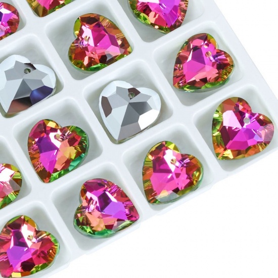 Picture of 1 Packet ( 12 PCs/Packet) Glass Valentine's Day Charms Heart Multicolor AB Rainbow Color Faceted 14mm x 14mm