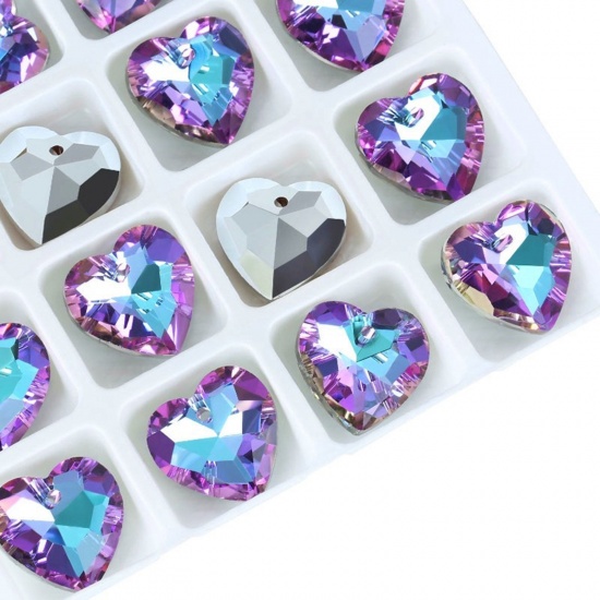 Picture of 1 Packet ( 12 PCs/Packet) Glass Valentine's Day Charms Heart Multicolor AB Rainbow Color Faceted 14mm x 14mm