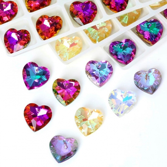 Picture of 1 Packet ( 12 PCs/Packet) Glass Valentine's Day Charms Heart At Random Mixed Color AB Rainbow Color Faceted 14mm x 14mm