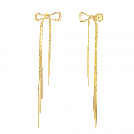 Image de 1 Paire Boucles d'Oreilles Puces Exquis en Laiton & Argent Pur Respectueux de la Nature À la Mode Nœuds Papillon Franges Plaqué Or Véritable Cadeau Pour Femmes 24mm x 9mm