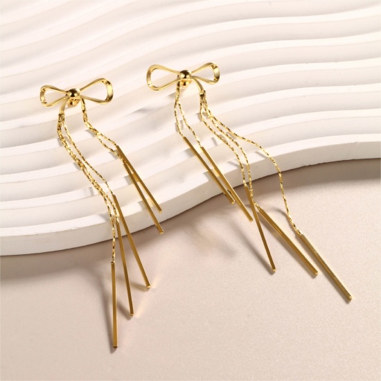 Image de 1 Paire Boucles d'Oreilles Puces Exquis en Laiton & Argent Pur Respectueux de la Nature À la Mode Nœuds Papillon Franges Plaqué Or Véritable Cadeau Pour Femmes 24mm x 9mm