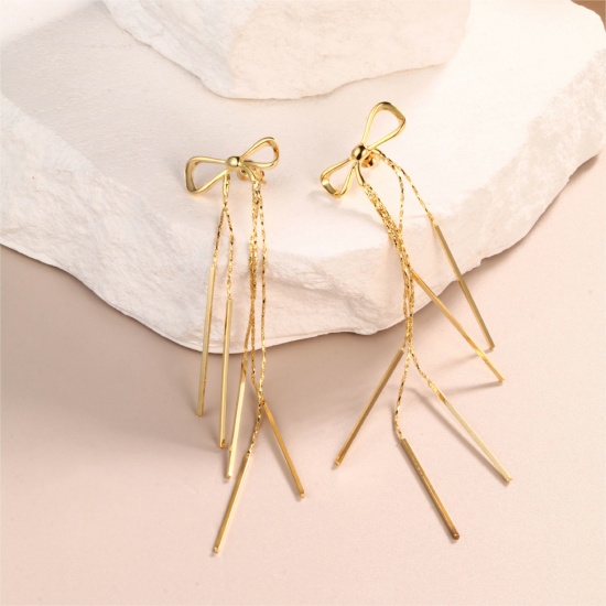 Image de 1 Paire Boucles d'Oreilles Puces Exquis en Laiton & Argent Pur Respectueux de la Nature À la Mode Nœuds Papillon Franges Plaqué Or Véritable Cadeau Pour Femmes 24mm x 9mm