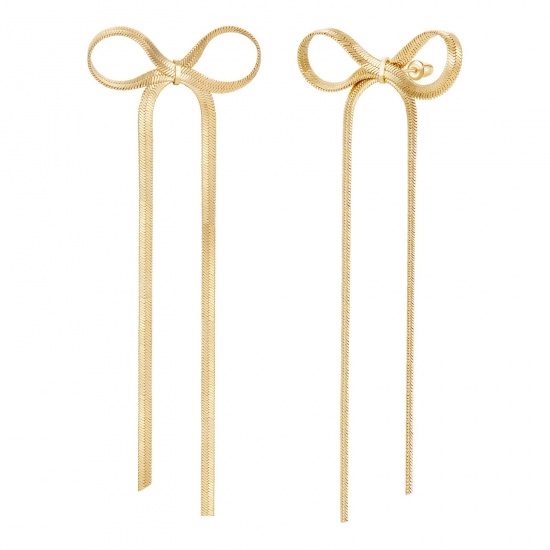 Image de 1 Paire Boucles d'Oreilles Puces Exquis en Laiton & Argent Pur Respectueux de la Nature À la Mode Nœuds Papillon Franges Plaqué Or Véritable Cadeau Pour Femmes 32.5mm x 10.5mm