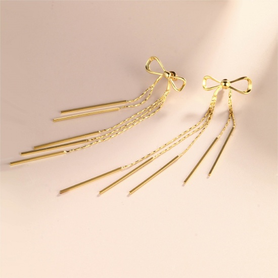 Image de 1 Paire Boucles d'Oreilles Puces Exquis en Laiton & Argent Pur Respectueux de la Nature À la Mode Nœuds Papillon Franges Plaqué Or Véritable Cadeau Pour Femmes 32.5mm x 10.5mm