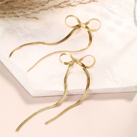 Image de 1 Paire Boucles d'Oreilles Puces Exquis en Laiton & Argent Pur Respectueux de la Nature À la Mode Nœuds Papillon Franges Plaqué Or Véritable Cadeau Pour Femmes 32.5mm x 10.5mm