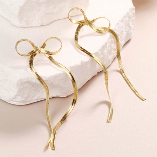 Image de 1 Paire Boucles d'Oreilles Puces Exquis en Laiton & Argent Pur Respectueux de la Nature À la Mode Nœuds Papillon Franges Plaqué Or Véritable Cadeau Pour Femmes 32.5mm x 10.5mm