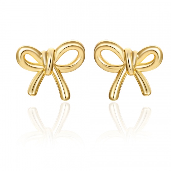 Image de 1 Paire Boucles d'Oreilles Puces Exquis en Laiton & Argent Pur Respectueux de la Nature À la Mode Nœuds Papillon Plaqué Or 18K Cadeau Pour Femmes 20mm x 17mm