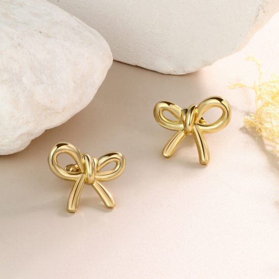 Image de 1 Paire Boucles d'Oreilles Puces Exquis en Laiton & Argent Pur Respectueux de la Nature À la Mode Nœuds Papillon Plaqué Or 18K Cadeau Pour Femmes 20mm x 17mm