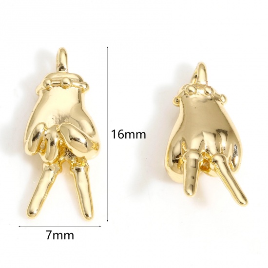 Picture of 2 PCs Brass Charms 14K Real Gold Plated Victory Sign Hand Sign Gesture 3D 16mm x 7mm