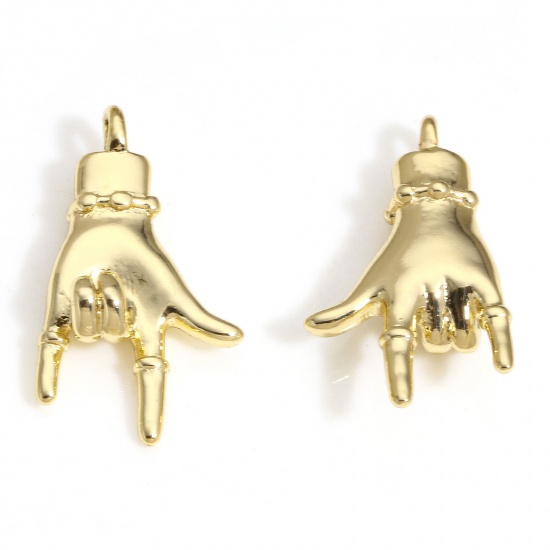 Picture of 2 PCs Brass Charms 14K Real Gold Plated Hand I Love You Sign Gesture 3D 18mm x 10mm