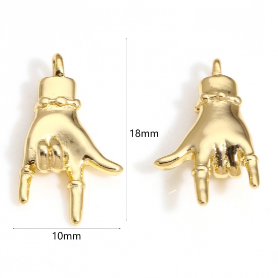 Picture of 2 PCs Brass Charms 14K Real Gold Plated Hand I Love You Sign Gesture 3D 18mm x 10mm