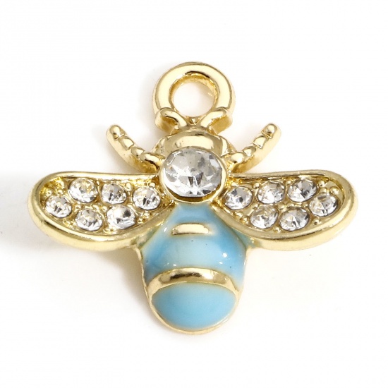 Picture of 10 PCs Zinc Based Alloy Insect Charms Gold Plated Blue Bee Animal Enamel Clear Rhinestone 17mm x 16mm