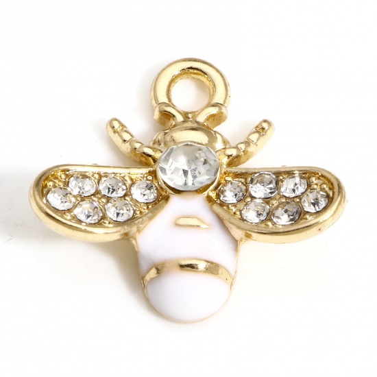 Picture of 10 PCs Zinc Based Alloy Insect Charms Gold Plated White Bee Animal Enamel Clear Rhinestone 17mm x 16mm